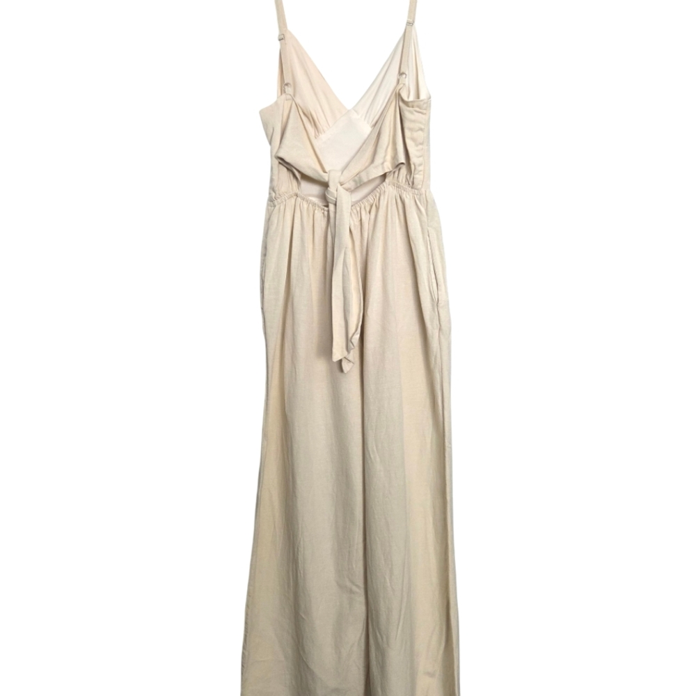 S Cream Oatmeal Linen Blend Jumpsuit Vacation Travel Quiet Luxury Minimal Chic - Picture 6 of 15